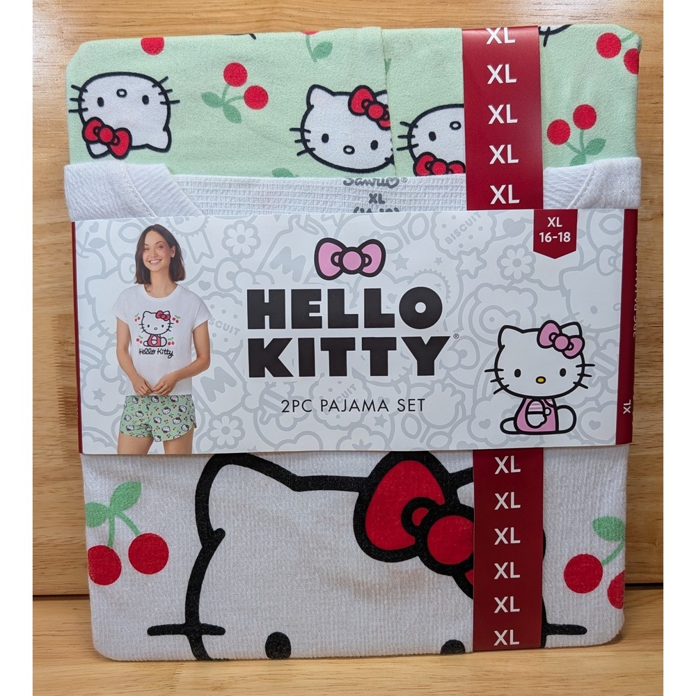 Sanrio Hello Kitty 2pc Pajama Set XL 16-18 White Sage Green Cherry Graphic Tee